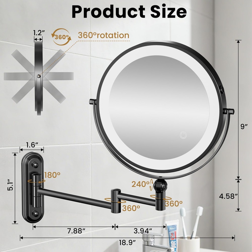 Rechargeable Wall Mounted Lighted Makeup Mirror, 8 Inch Double-Sided LED Vani...