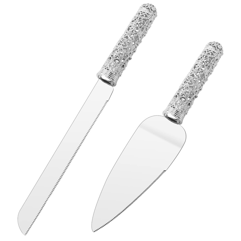 Wedding Silver Cake Knife and Server Set - 2 Pcs Dessert Set Metal Handle wit...