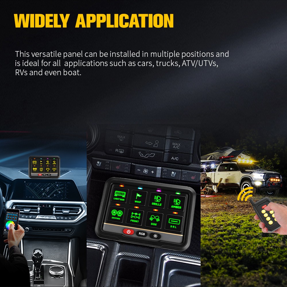 RGB 8 Gang Switch Panel Relay System Remote + Bluetooth app For Can-Am Maverick