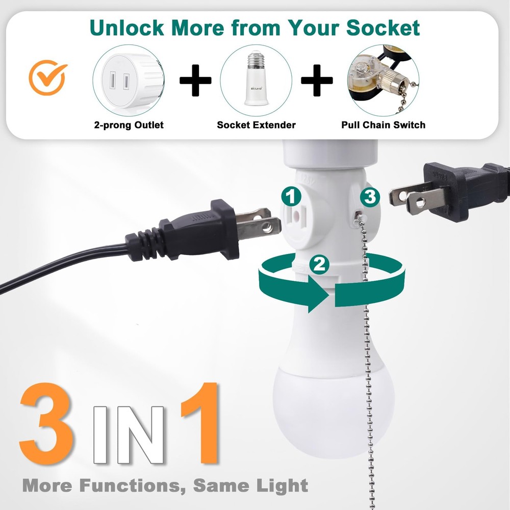 DiCUNO E26 Light Socket to Plug Adapter, 2 Polarized White-15.75", White