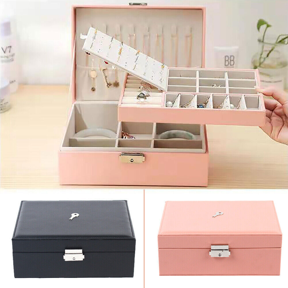 Jewelry Box 2-Layer Organizer Case Large Storage Necklace Ring Organizer Leather