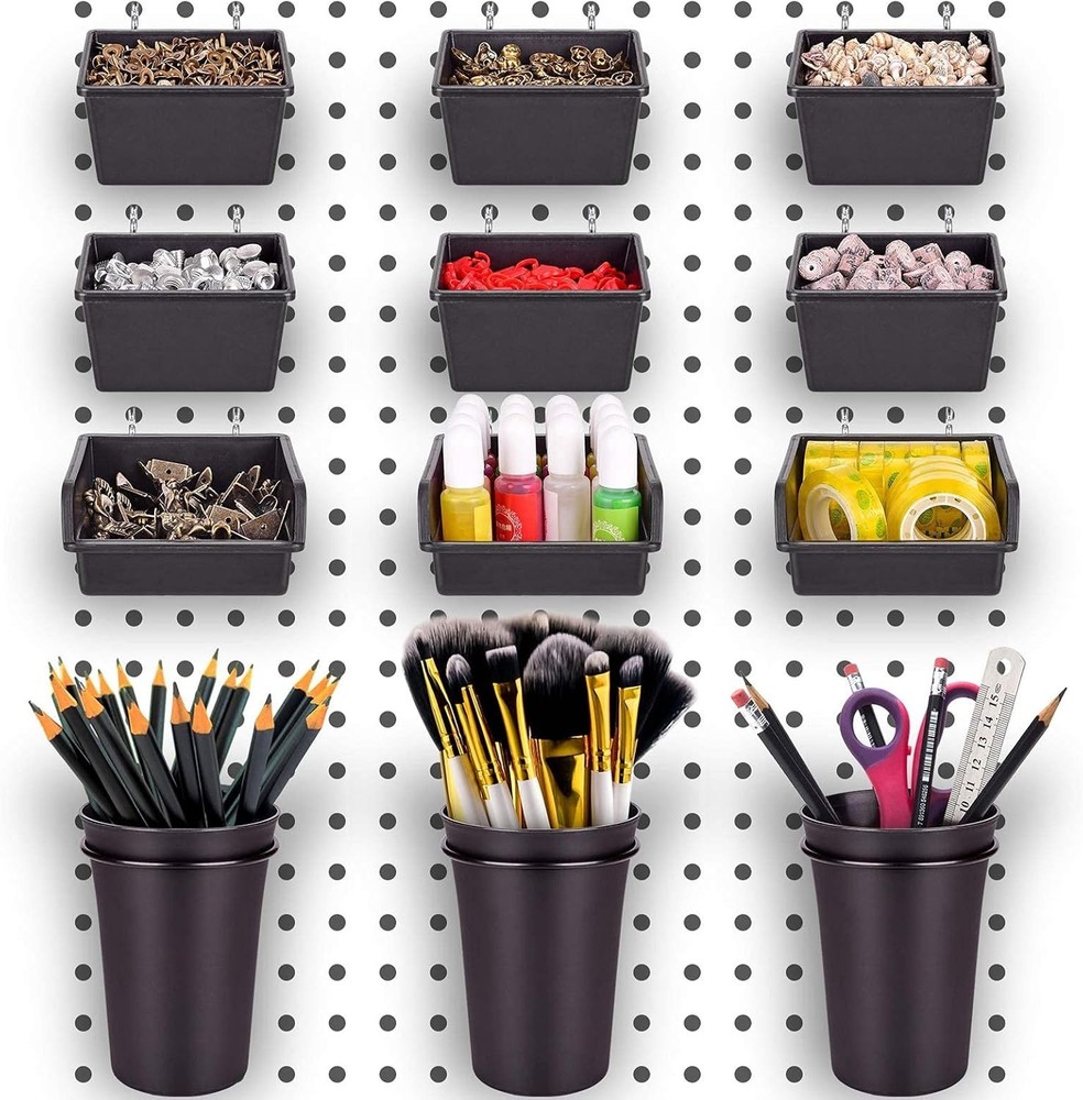 Space Saving Pegboard Organizer Set - 12 Bins & Cups for Garage and Workshop