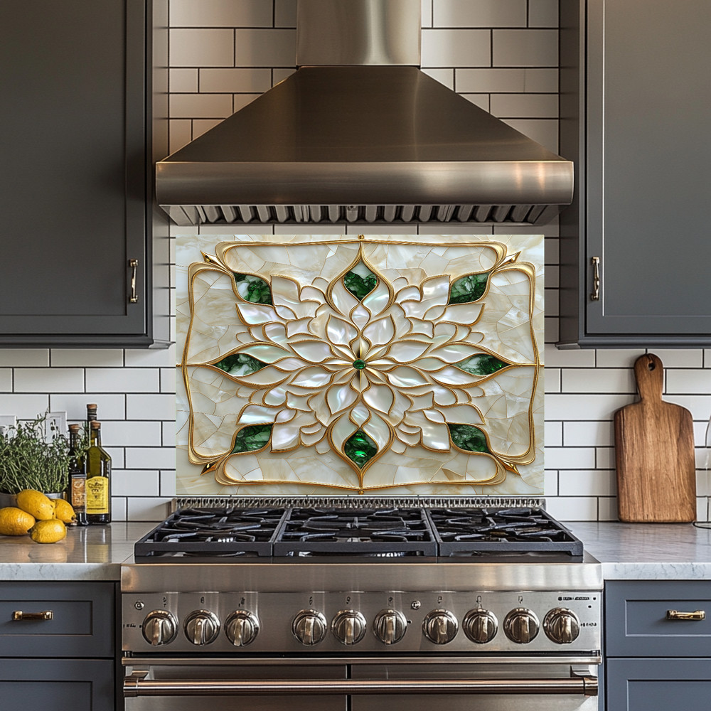Tempered Glass Kitchen Backsplash, Gold Indian Pattern Stove Guard, US Made