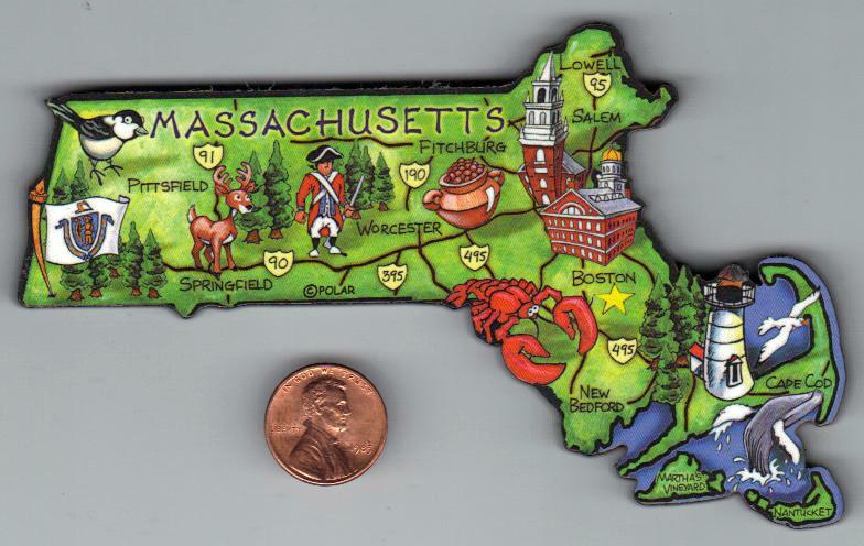 MASSACHUSETTS ARTWOOD   STATE MAP MAGNET   BOSTON SPRINGFIELD SALEM  CAPE COD