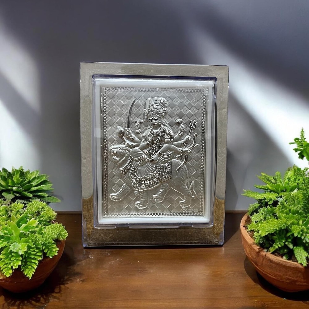 Pure Silver Devi Durga(Ambe Maa) Frame Tabletop Stand Suitable for Gift 11x9 Cm