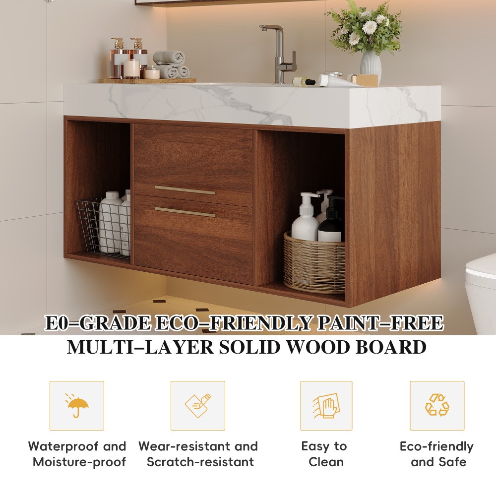 39.4" Floating Bathroom Vanity with Sintered Stone Top & Ceramic Sink