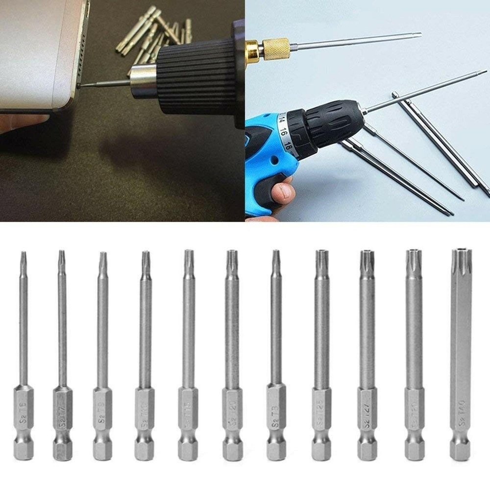 11* 75mm Tamper Proof Security Drill Bit Set Torx Screwdriver Flat Head 1/4" Hex