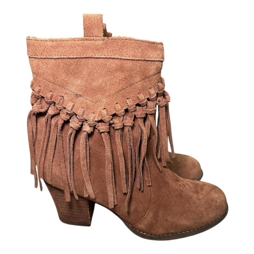 Sbicca Leather Fringe Western Booties Tan Suede Lined Pull-On Boot Size 7.5