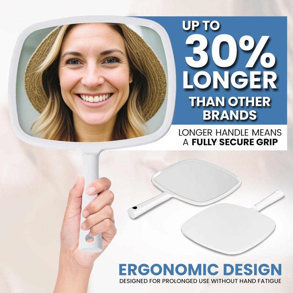 MIRRORVANA Hand Mirror with Ergonomic Handle - Held 11"L x 8"W, White