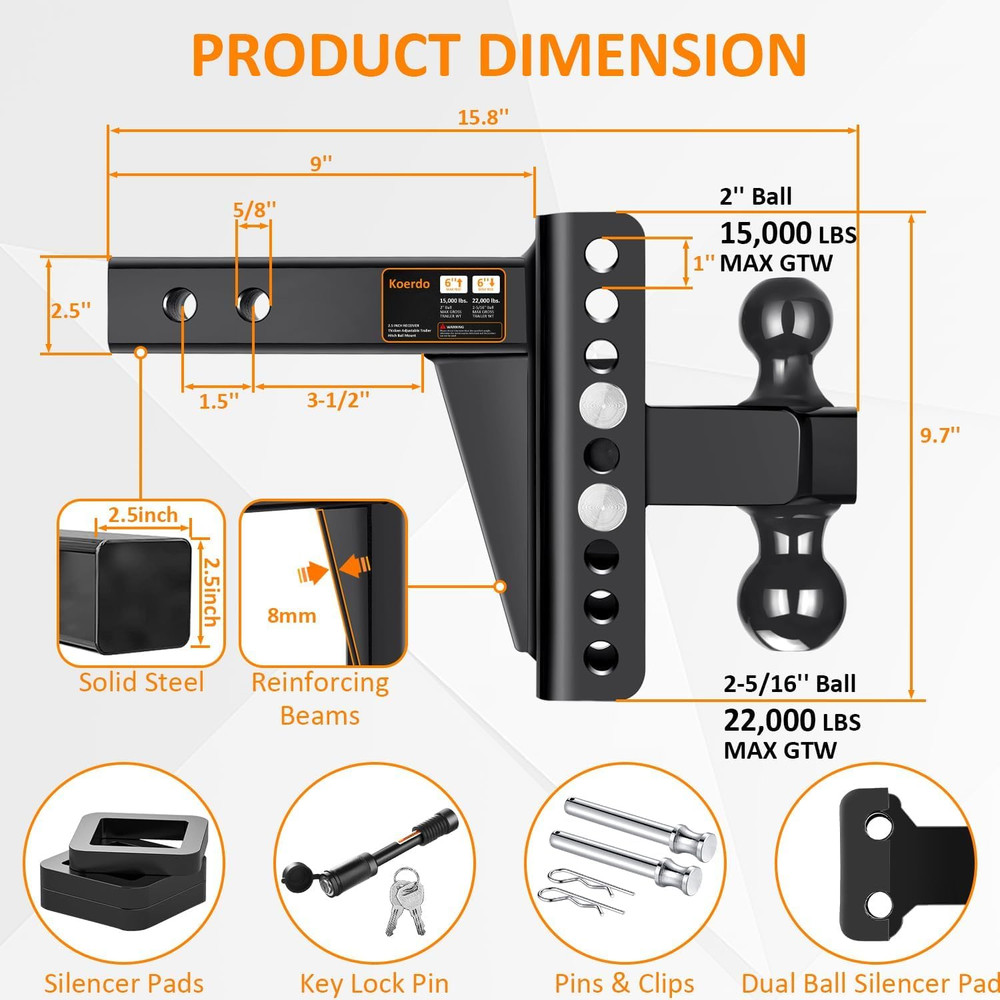 2.5" Adjustable Trailer Hitch 22K GTW Lock