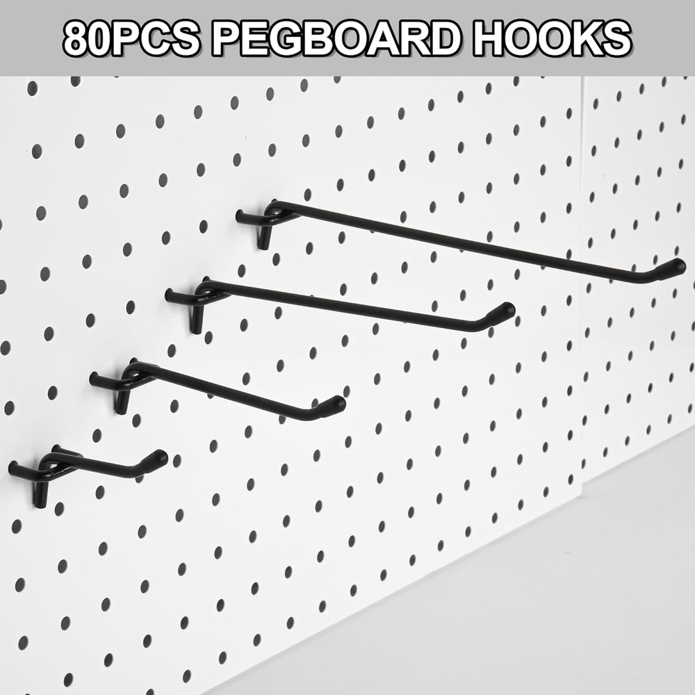 80 Pack Pegboard Hooks 2–8in Heavy Duty 1/4 Inch Peg Board Hook Set