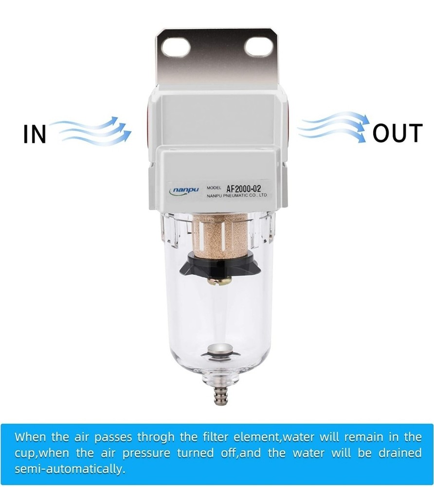 1/4" NPT Compressed Air Line Filter, 5 Micron Brass Element, Poly Bowl