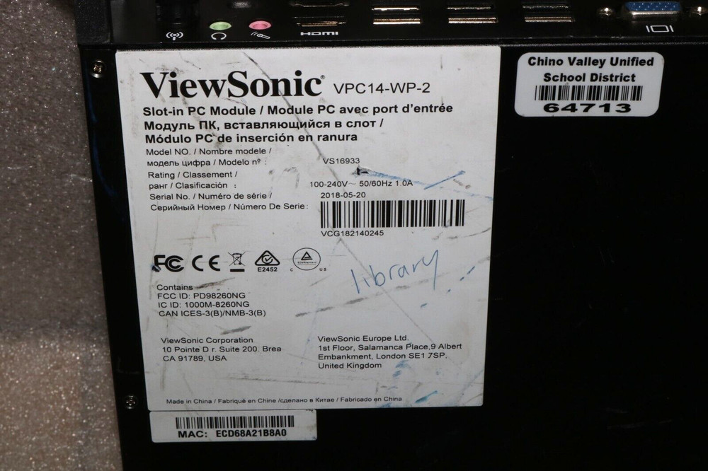 ViewSonic AC VPC14-WP-2 ViewBoard VS16933, PRE-OWNED .