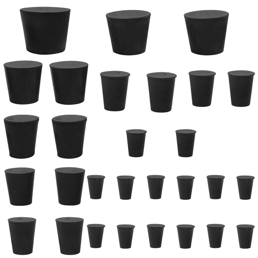 29PCS Solid Rubber Stoppers 000#–6# Assorted Sizes Tapered Lab Bungs Black