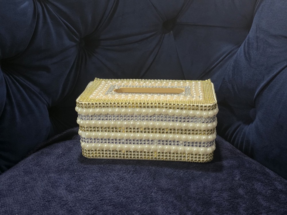 Gold and White Beaded Decorative Rectangular Tissue Box Cover Glossy Modern