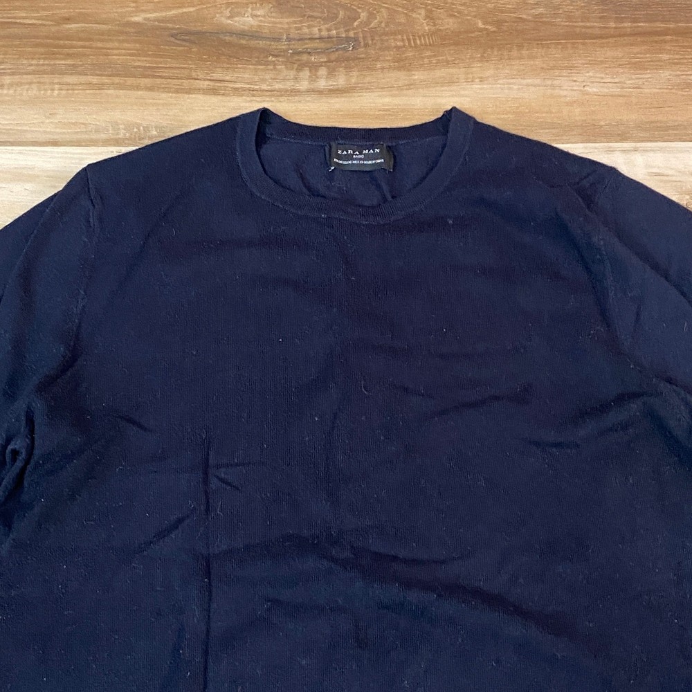 ZARA Sweater Mens Medium Navy Blue Basic Crew Neck Long Sleeve