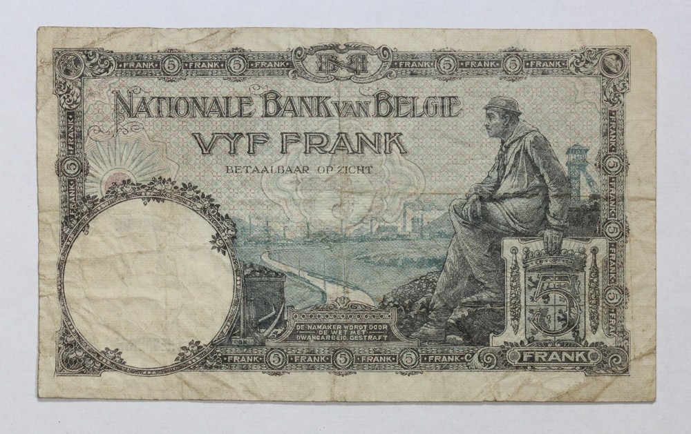 1927 Belgium 5 Francs Banknote P# 97b 3AP2