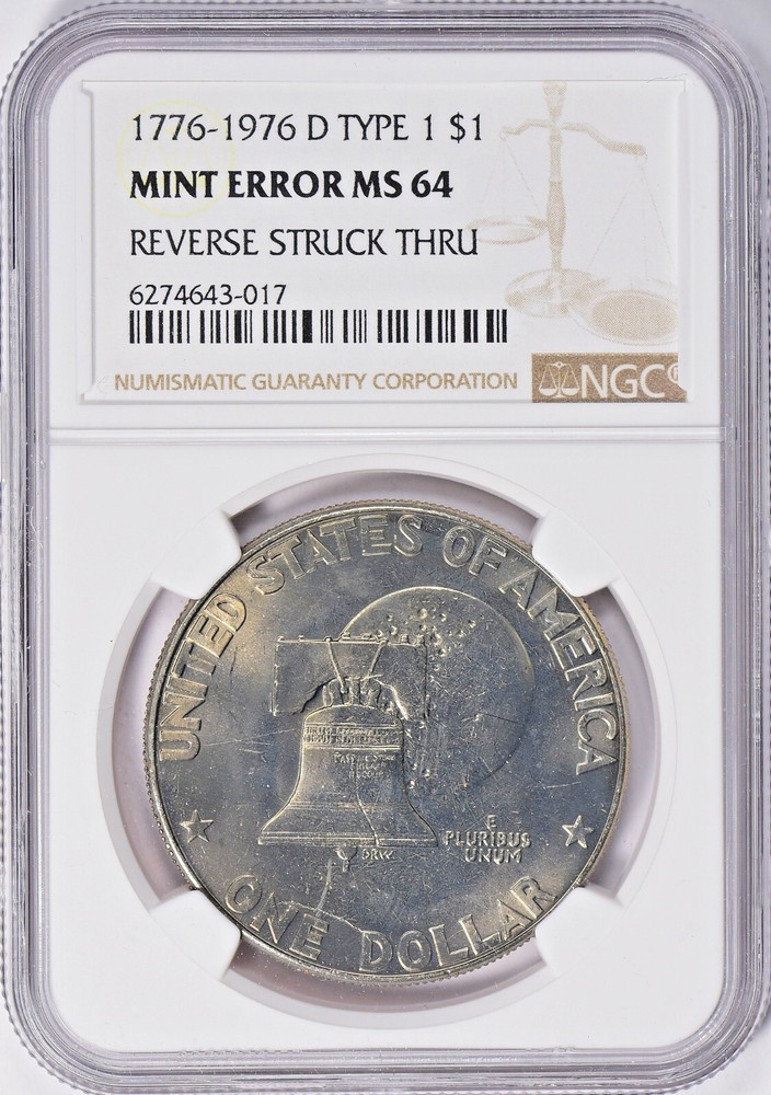 1976 D Eisenhower Dollar IKE NGC MS 64 Reverse Struck Thru Mint Error Through