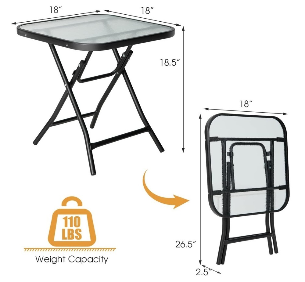 Folding Side Table, Square Small Patio Table,Tempered Glass Tabletop,Steel Frame