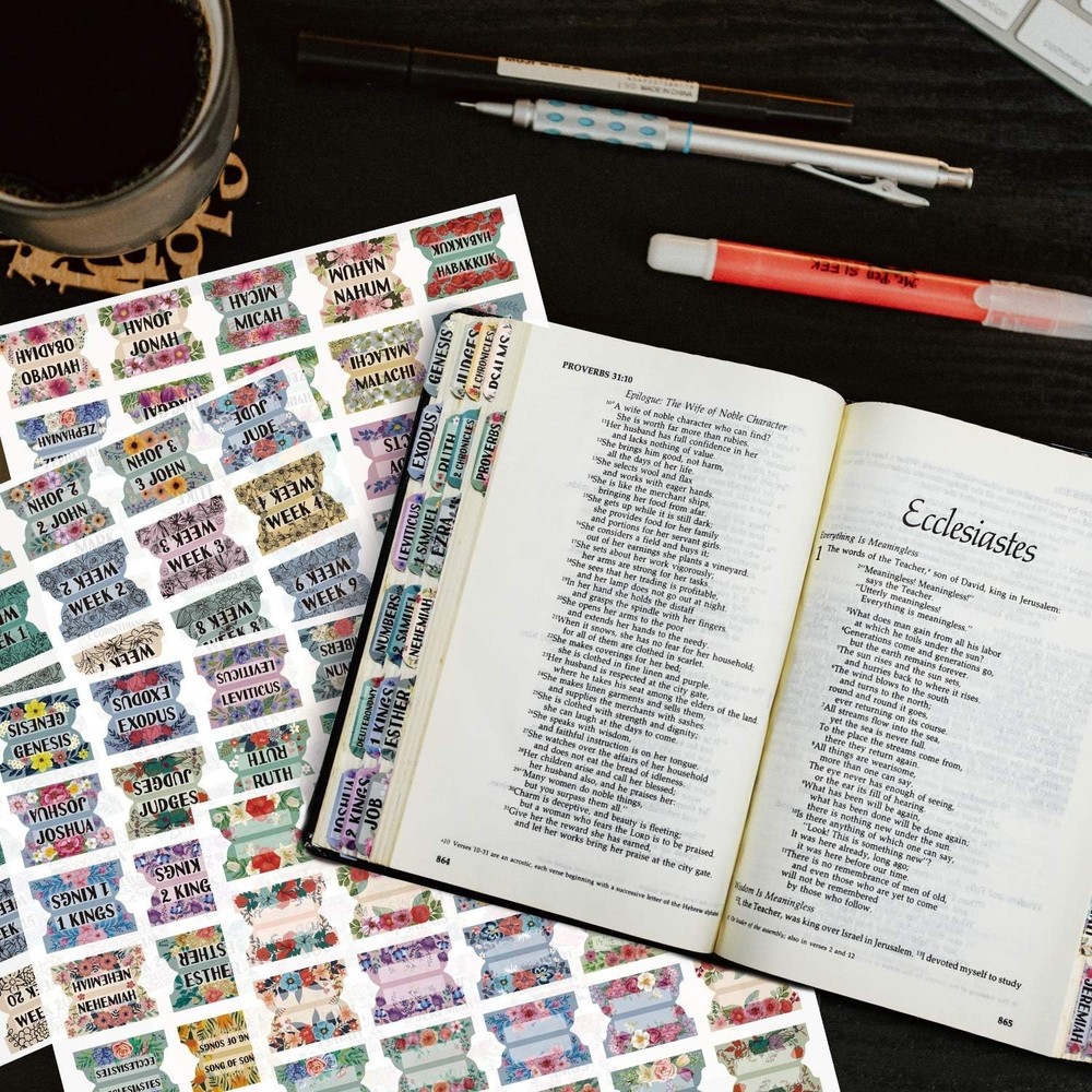 Matte Laminated Floral Bible Tabs - 122 Elegant Tabs for Scripture Organization