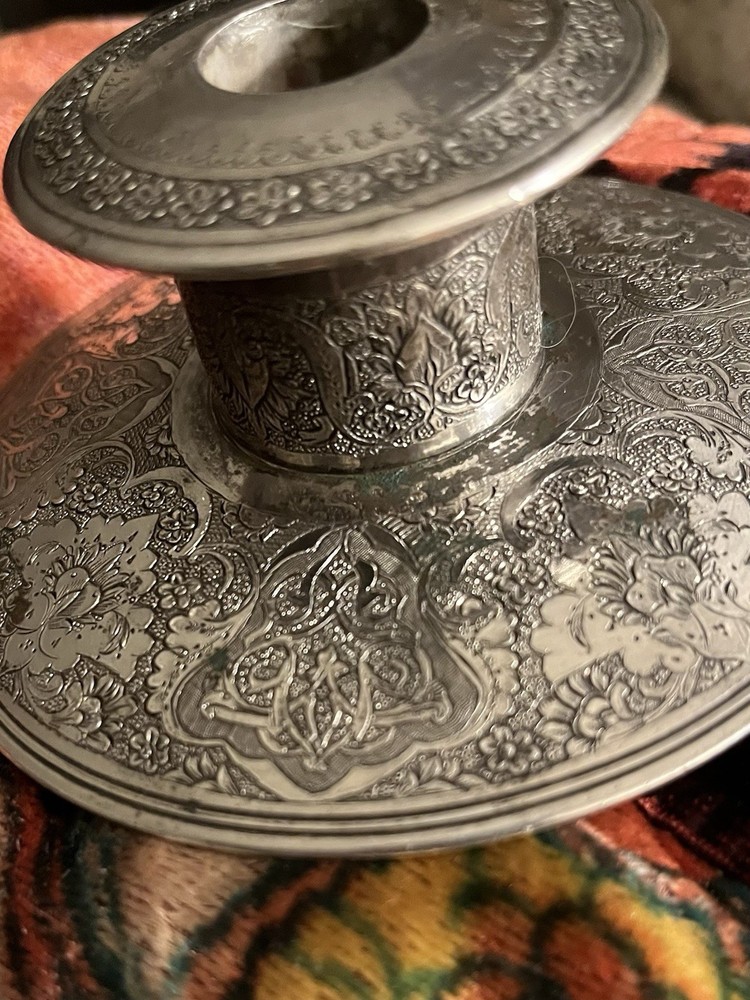 Silver antique Persian Candle Holder Floral Script solid silver 4 oz 39 gm