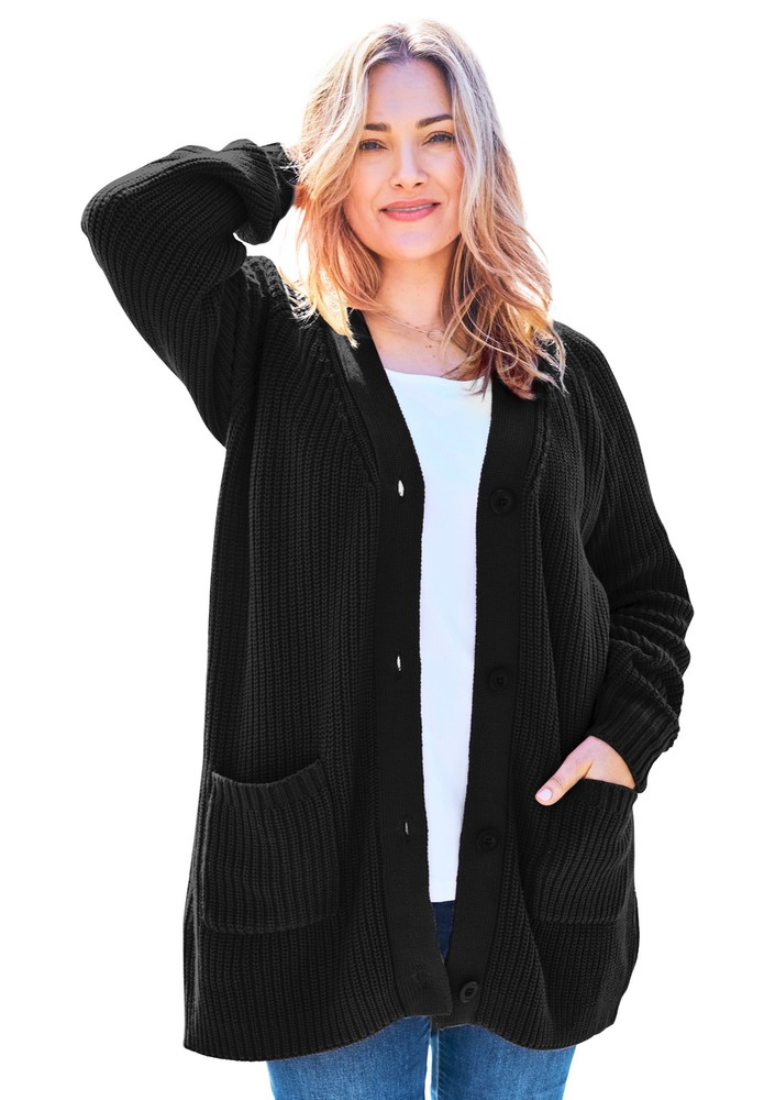 Woman Within Women's Plus Size Button-Front Shaker Cardigan