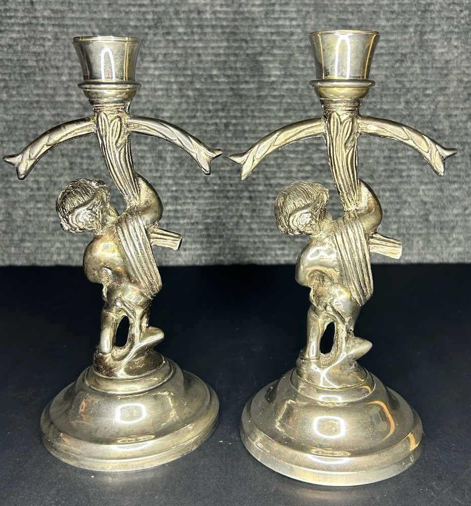 Vintage Silver Plated Cherub Candlestick Pair 8”