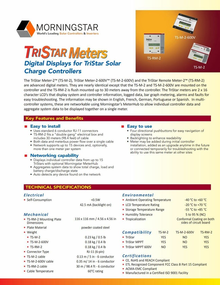 Morningstar TS-60M Solar Charge Controller 60A with TS-M-2 Meter