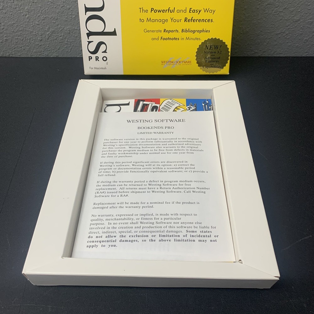 BookEnds Pro Macintosh OPEN BOX Manage Your References Westing Software 1994