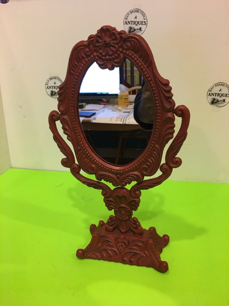 -Vintage Ornate Cast Iron Vanity Tilting Mirror.