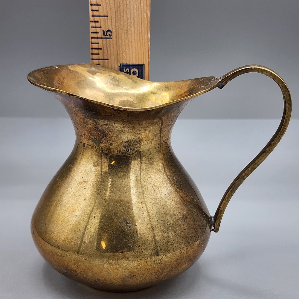 Vintage Solid Brass Pitcher 4.5" Tall Small Handled Made in India Decor Only