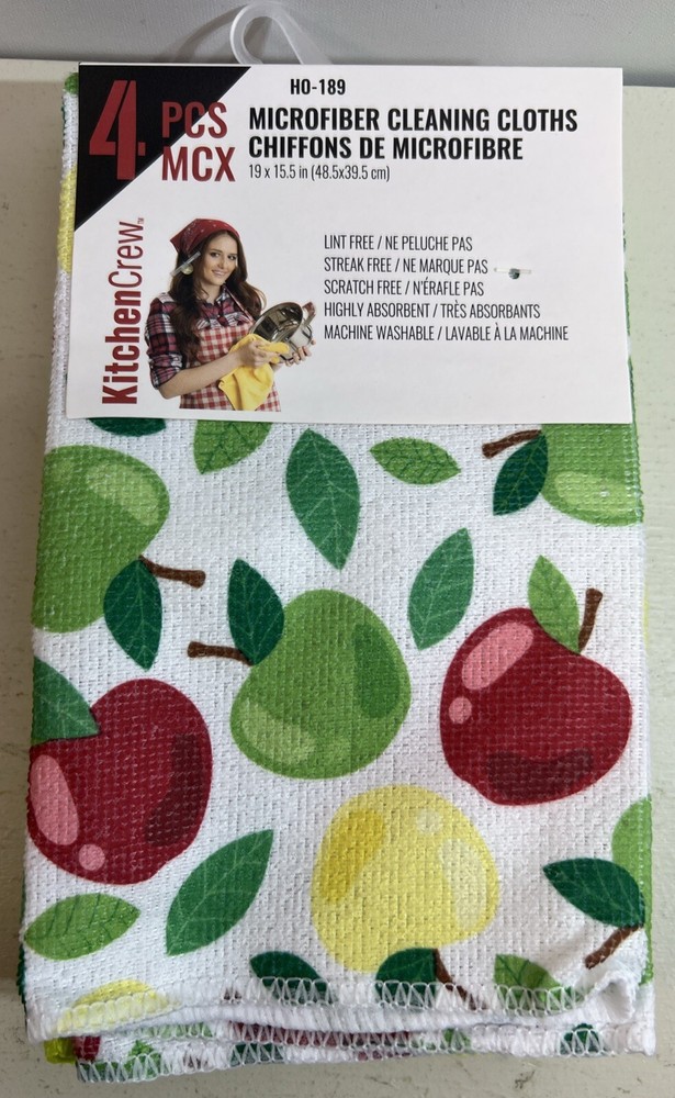 Microfiber Cleaning Cloths 19" x 15.5" 4Pcs 2 Printed Fruit 2 Solid Green