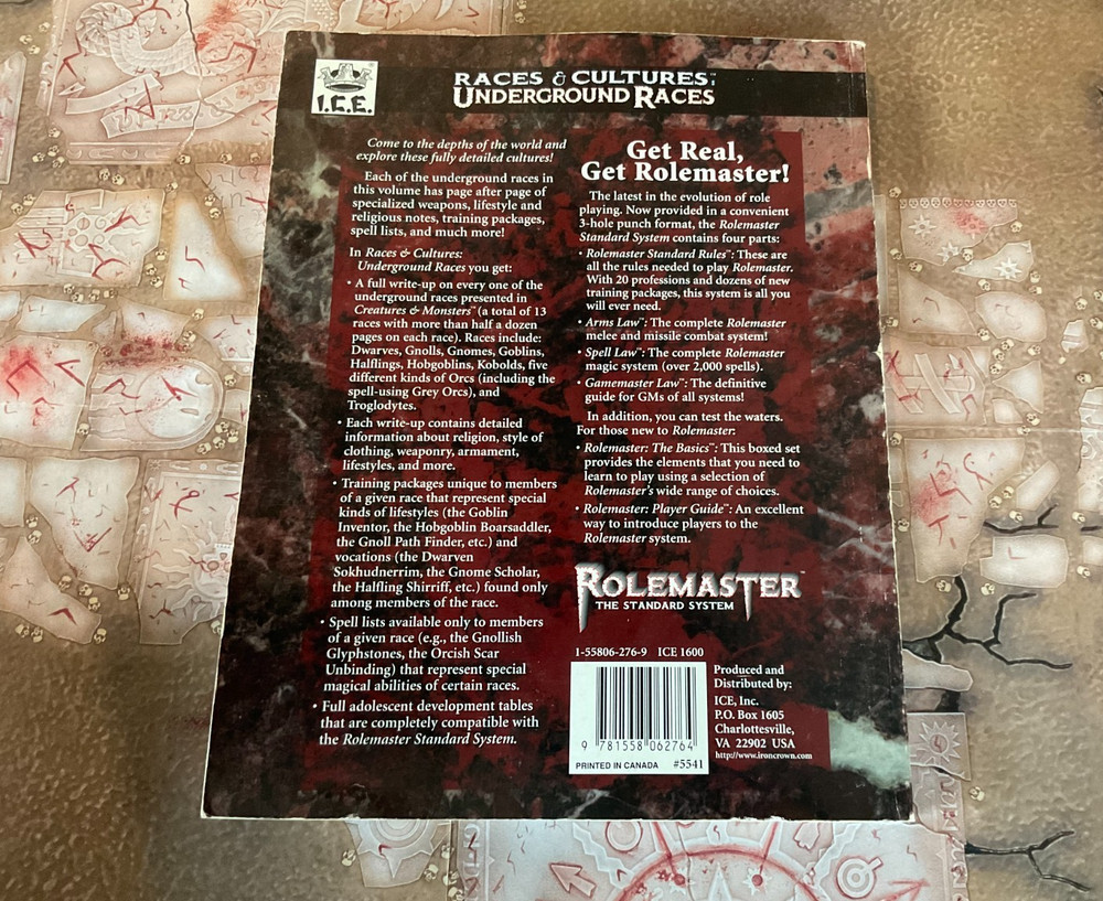 Rolemaster RPG Races & Cultures: Underground Races Sourcebook I.C.E. PB