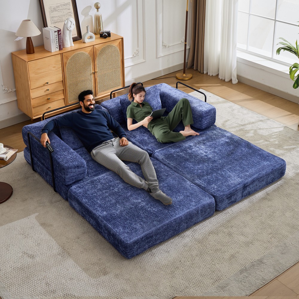 Foldable Sofa Bed with Memory Foam - Dark Blue Chenille Fabric