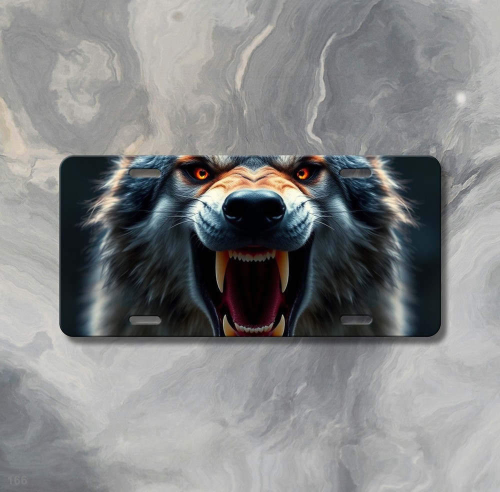 Hyperrealistic Wolf License Plate Snarling Design Optional Text Decorative Plate
