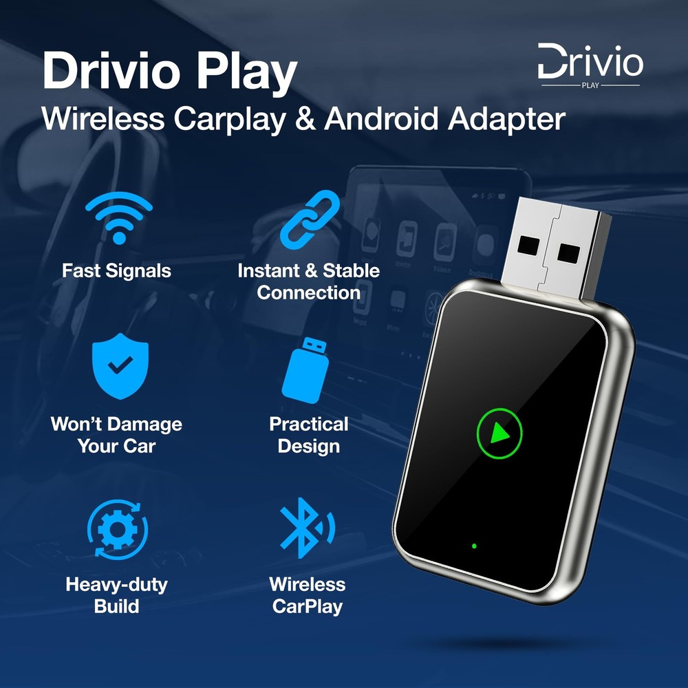 Drivio Wireless CarPlay Adapter for iPhone & Android | USB Small, Black