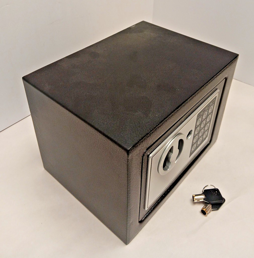 electronic security safe box with a keypad and key access.