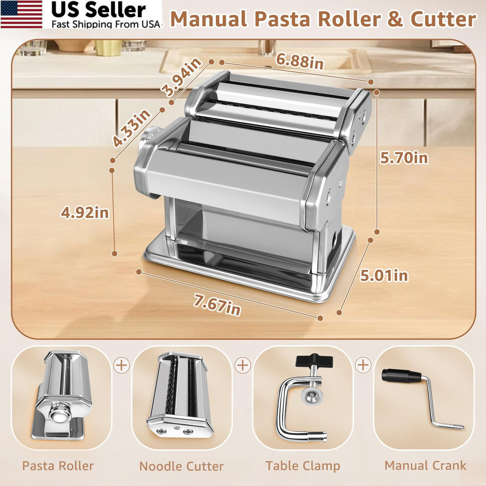 Pasta Maker - 7 Thickness Settings Roller & 2-in-1 Cutter, Silver