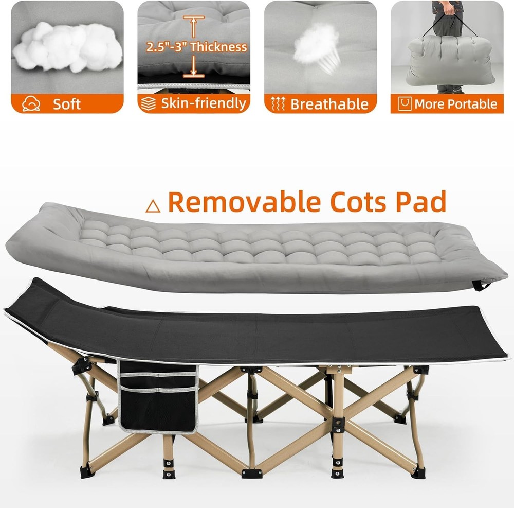 Portable Camping Cot 600LBS Max Load Extra Wide W/ Thick Mattress Folding Cot