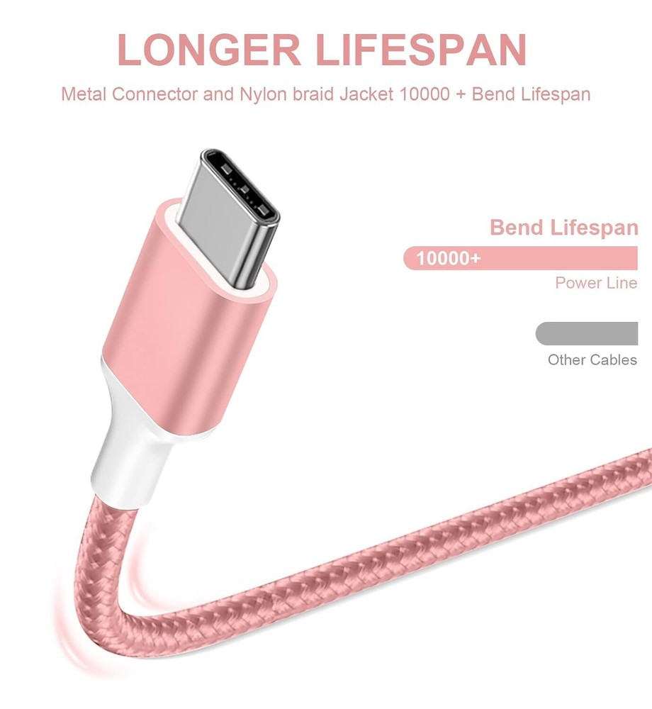 USB to USB Type C Cable - 6ft - Fast Charging for Android/iPhone - 5 Pack