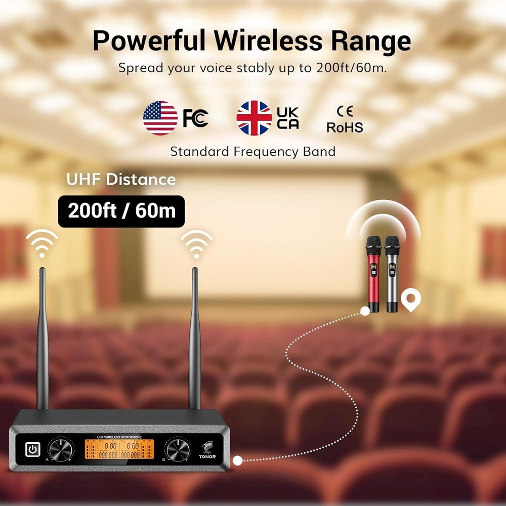 TONOR TW820 Wireless Microphone System - 2 Mics - 200ft Range - Red