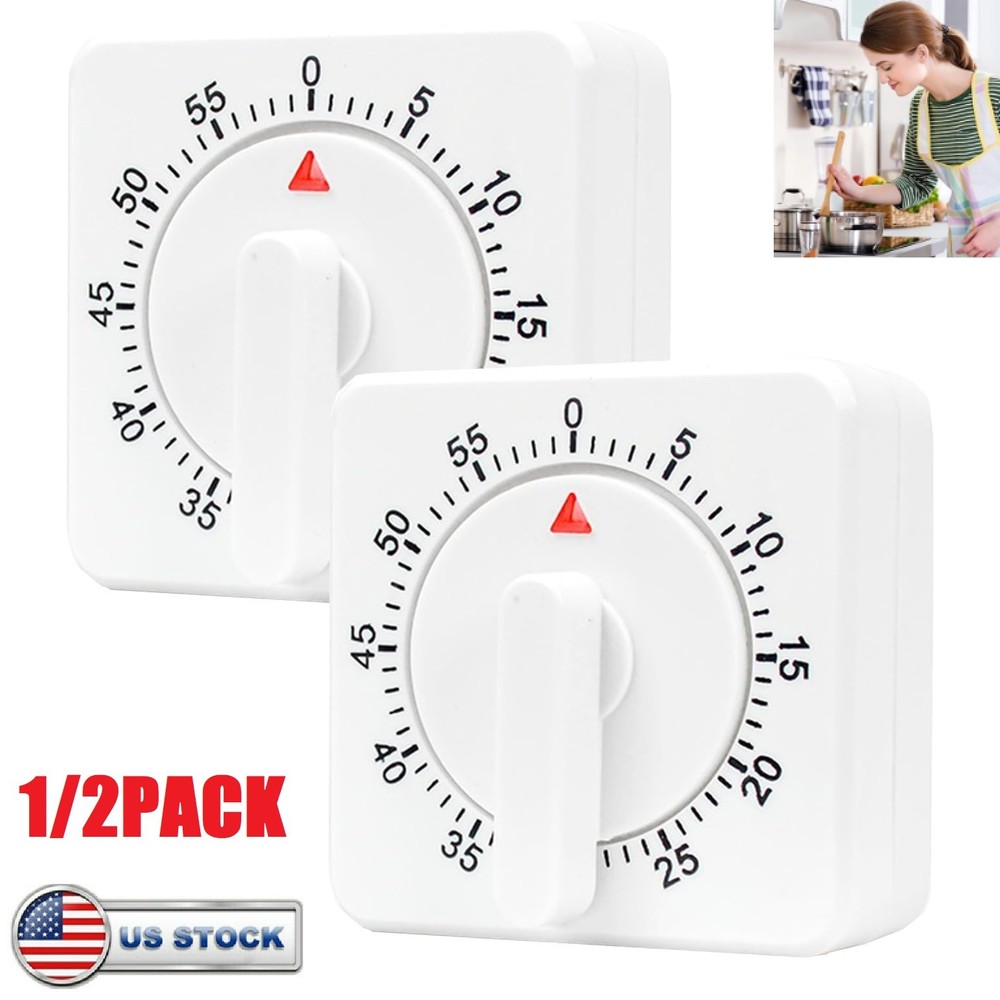 1/2x Square 60 Minute Mechanical Kitchen Timer Easy to Use Visual Cooking Timer