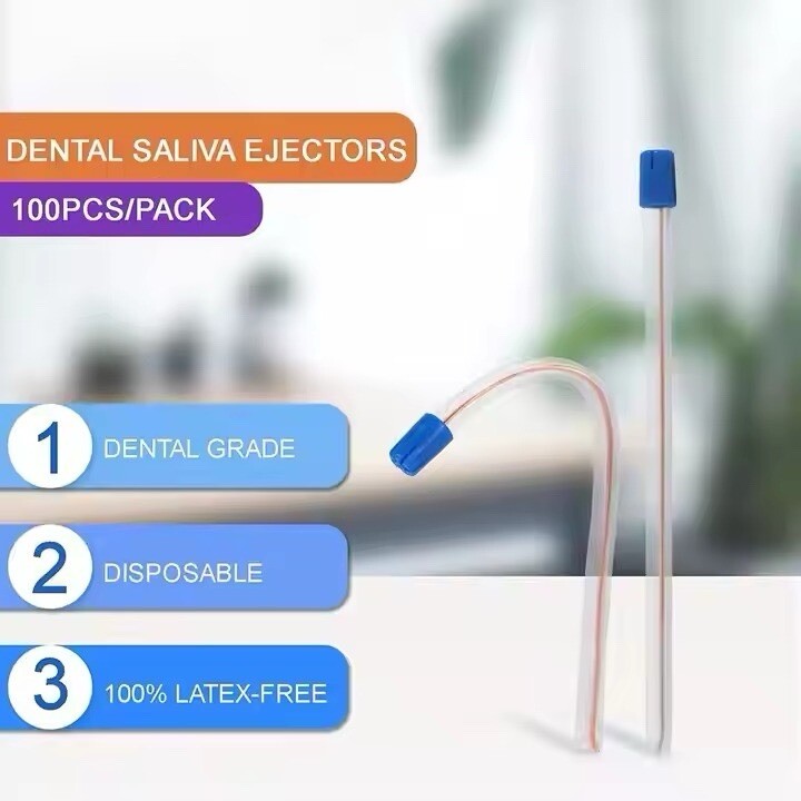 100 Pcs Dental Saliva Ejectors CLEAR With BLUE Suction Tips Disposable Tip