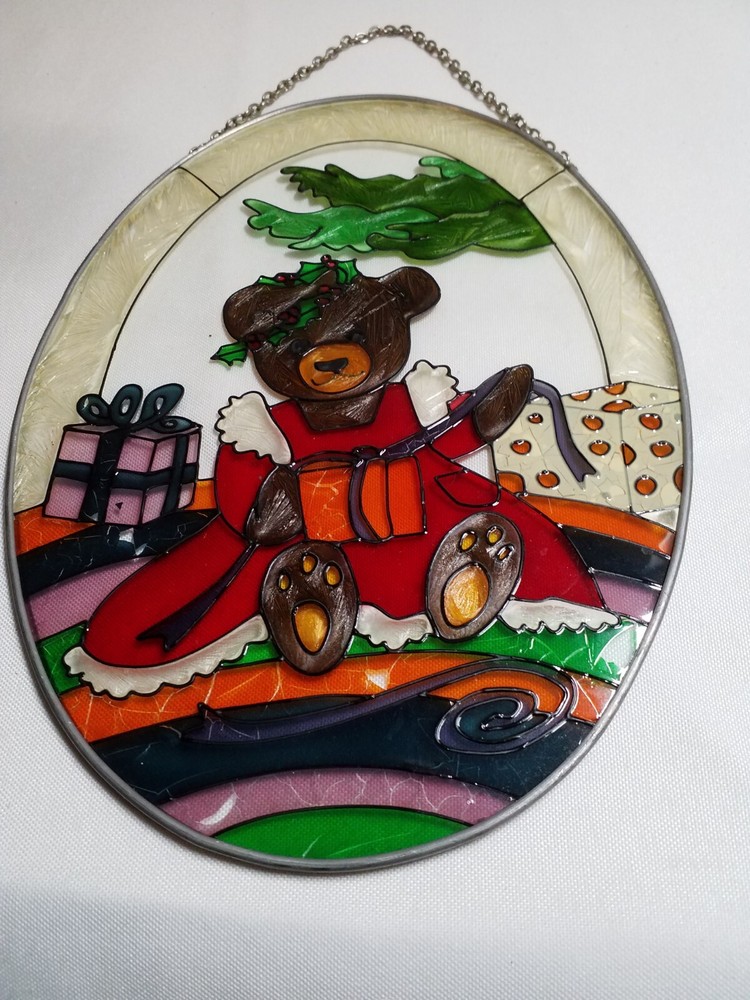Vintage Joan Baker Stained Glass ,Teddy Bear with Gift, Hand Painted