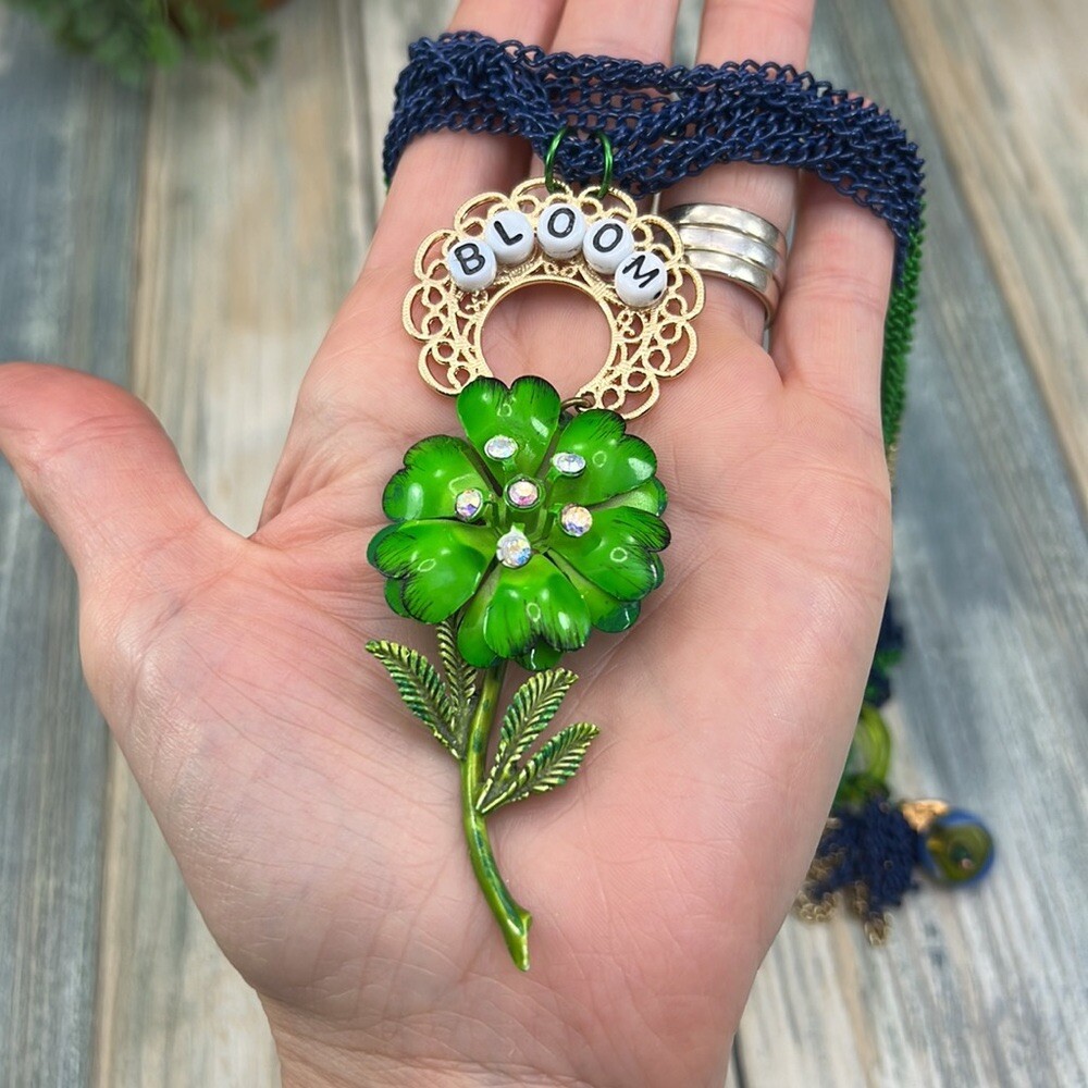 Adorned Crown Artisan Assemblage multi chain enamel flower BLOOM green blue