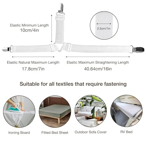 Bed Sheet Straps, Adjustable Elastic Fasteners with Metal Clips, 8 PCS White