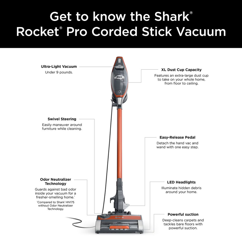 Shark HN175 Rocket Pro Corded Stick Vacuum with Odor Neutralizer Technology