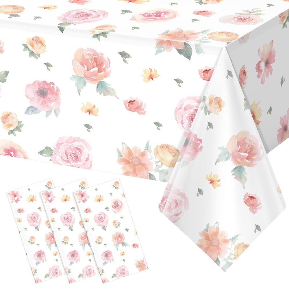 3 Pcs Spring Floral Tablecloth, Pink Wildflower Plastic Disposable 3pcs,