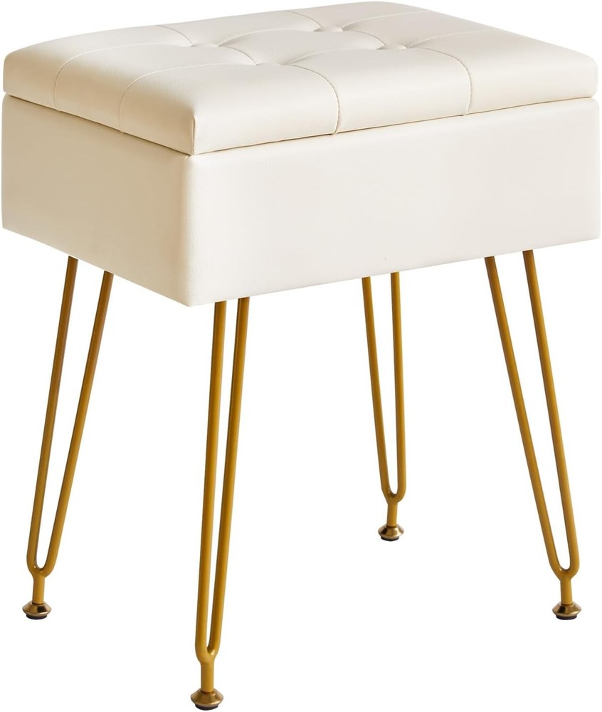 Multifunctional Storage Vanity Stool W/ Flip Tabletop Adjustable Metal Legs & PU