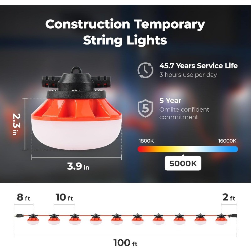 Construction String Lights:100w ETL Certified Industrial LED String Work Lights